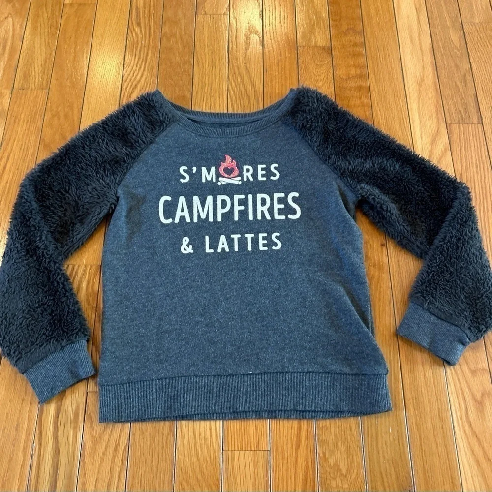 Lot of 2 Justice Sweatshirts Size 8 Gray Fuzzy Glitter S’mores Campfire Lattes